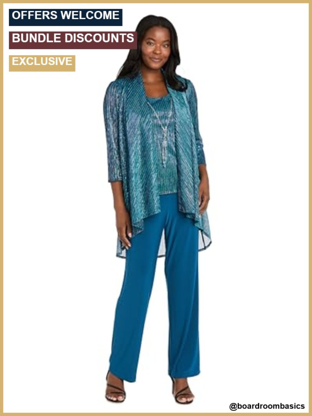 R&M Richards 3-Piece Sequin Duster Pantsuit Set with Necklace